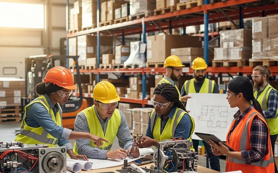 Diverse professionals collaborating in a light industrial setting, highlighting temp-to-hire staffing