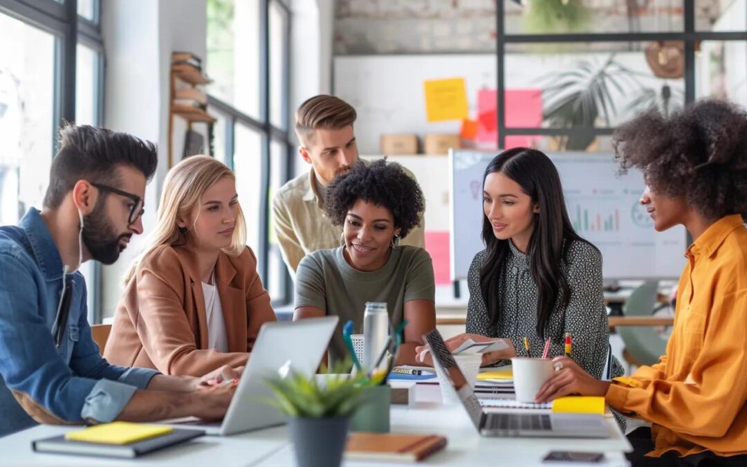 Diverse professionals collaborating in a modern office, representing temp-to-hire job opportunities in Milwaukee