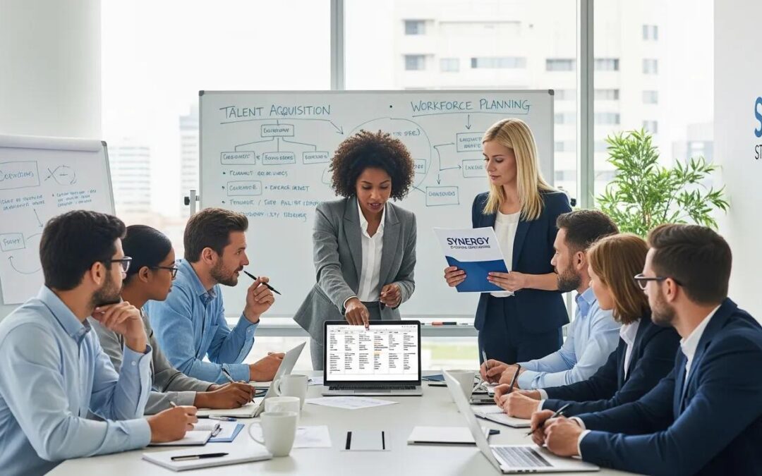 Diverse professionals collaborating in an office, representing temporary staffing services