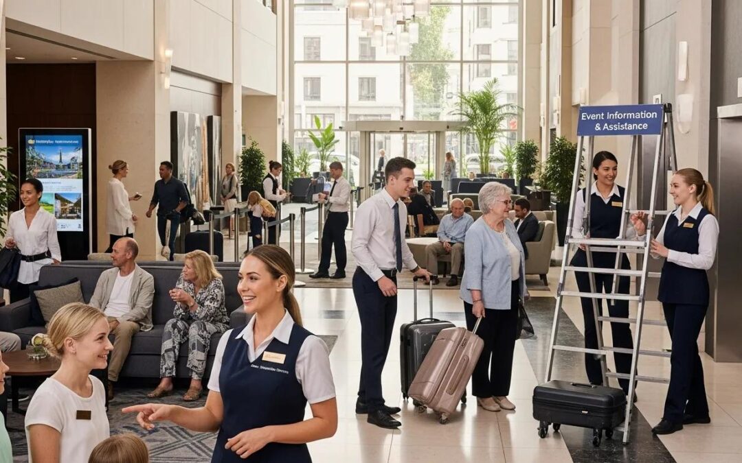 Diverse temporary hospitality staff engaging with guests in a busy hotel lobby