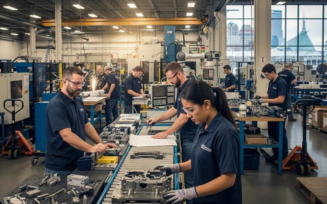 Manufacturing workers collaborating in a busy facility, highlighting industrial staffing in Milwaukee