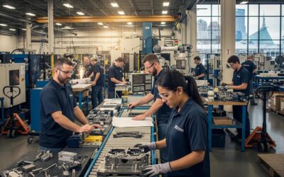 Staff Up America | Why Manufacturing Companies Benefit from Industrial Staffing Agencies in Milwaukee Manufacturing workers collaborating in a busy facility, showcasing industrial staffing solutions in Milwaukee, WI.